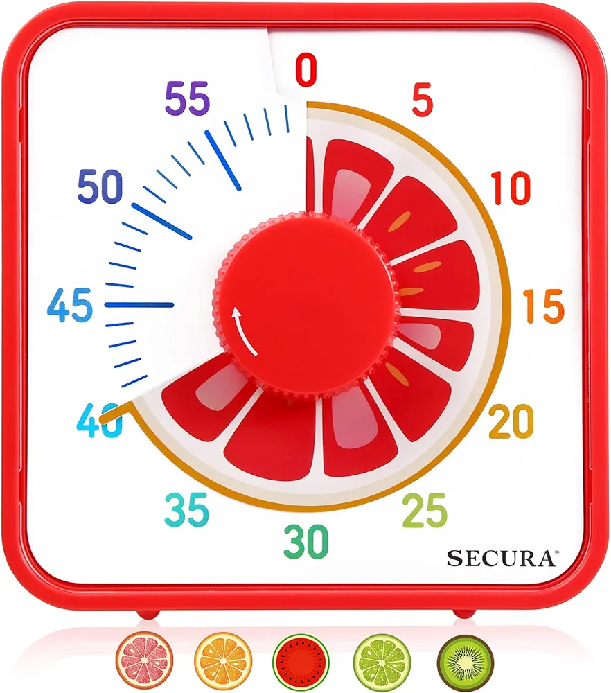 Secura 7.5-Inch Fruit Visual Timer for Kids, 60-Minute Countdown Timer for Classroom or Kitchen, Durable Mechanical Timer Clock with Magnetic Backing (Grapefruit)