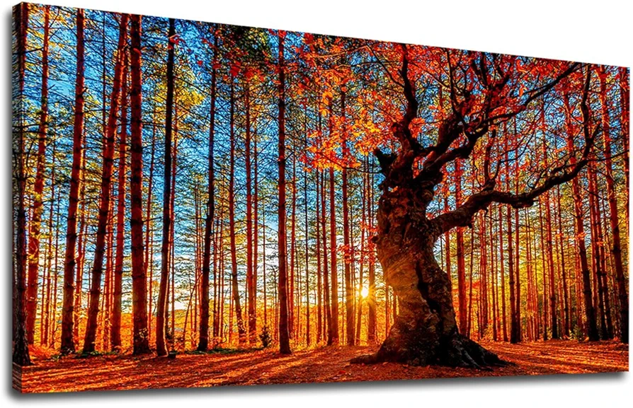 yearainn Large Canvas Wall Art Forest Sunset Red Tree Leaves Fall Landscape Canvas Artwork Contemporary Nature Picture for Home Office Wall Decor 24" x 48" Framed Ready to Hang