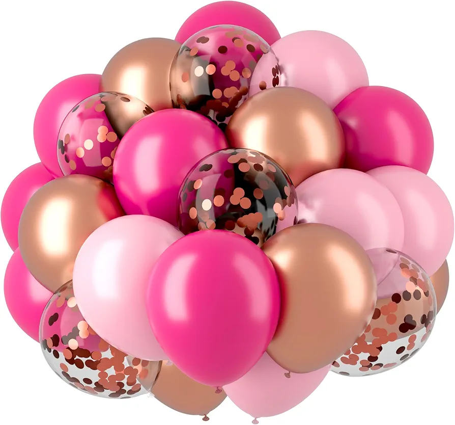 Hot Pink Balloons Rose Gold Balloons 12inch 50pcs, Rose Gold Confetti Ballons Pink Balloon Garland Pink Balloon Arch Kit Princess Balloons Birthday Party Decorations Hot Pink Birthday Room Decorations