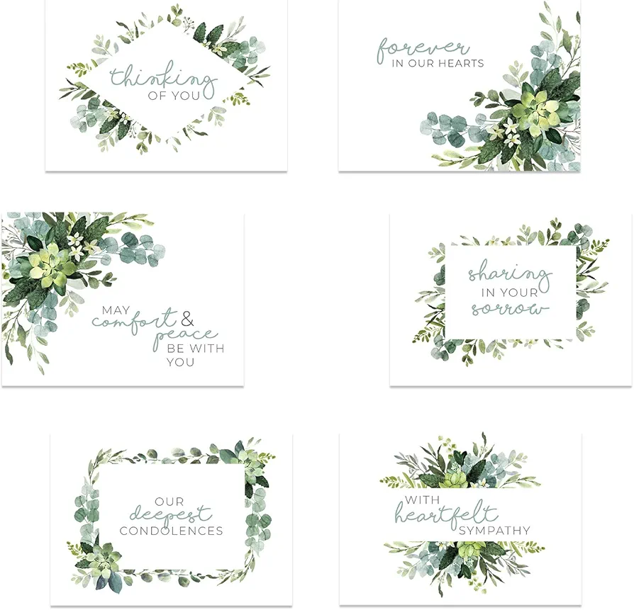 Lush Greenery Sympathy Cards / 24 Thinking Of You Cards With White Envelopes / 6 Modern Designs / 4 5/8" x 6 1/4" Greenery Floral Leaves Condolences Greeting Cards