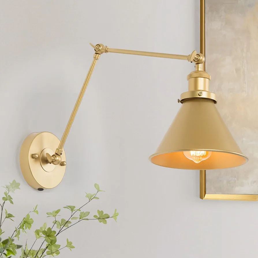 Gold Wall Sconces Lighting, Modern Swing Arm Plug-in or Hardwired Adjustable Wall Lamp with Brass Finish for Bedroom, Kitchen, and Living Room