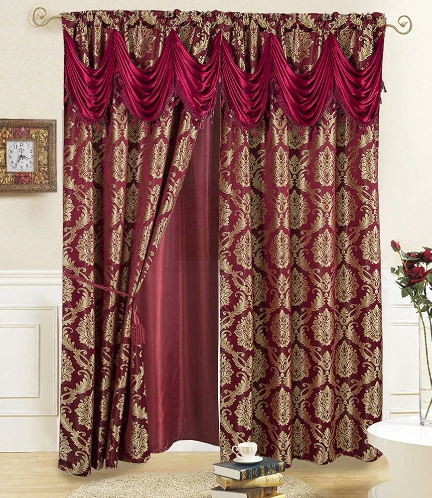 Jacquard Window Curtains for Living Room and Bedroom 54 W x 84 L Inches - 2 Panel Set with Attached Valance, Backing and 2 Tie Backs - Long Burgundy Luxury Elegant Fancy Design Cortinas Para Sala