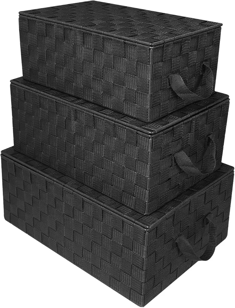 Sorbus Set of 3 Storage Baskets for Organizing with Lid, Mesh Hand-Woven Design, Linen Closet Organizers and Storage, Organizer Storage Baskets for Shelves, Variety Pack Organizers and Storage (Black)