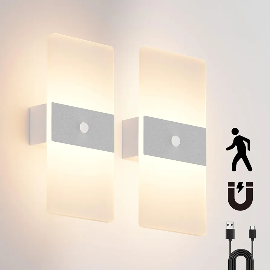 2 Pack Motion Sensor Wall Lights, Morden Silver Decorative LED Indoor Night Light, 3000K Warm Light Battery Operated Wall Sconces for Porch Bedroom Living Room Hallway(Silver)