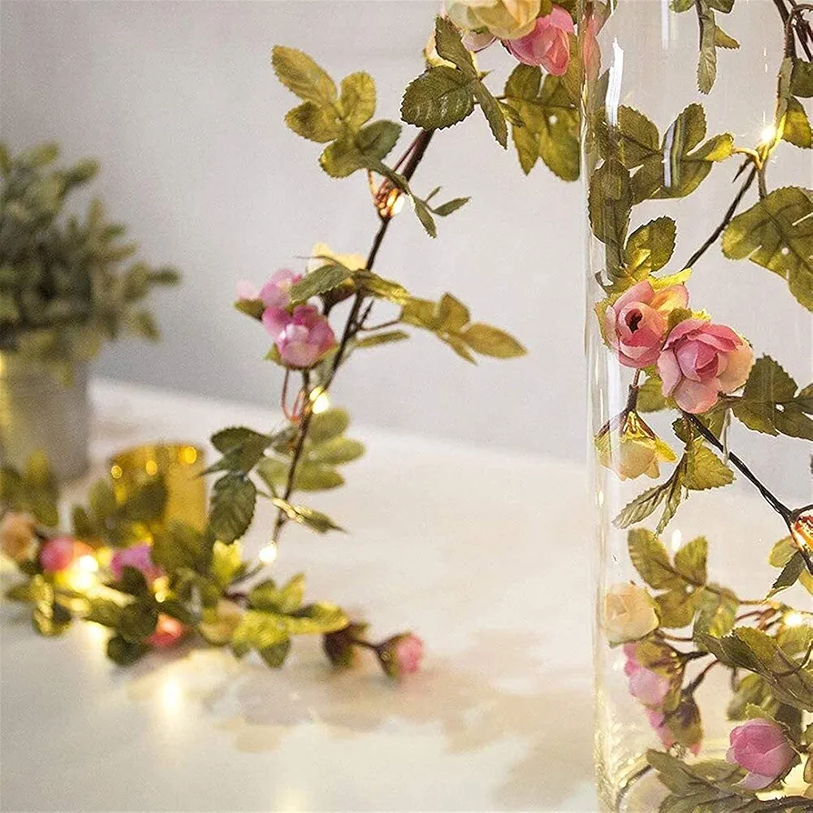 Solar Artificial Flower String Lights Solar Rose Lights 2m 20 LED Warm White Ivy Rose Vine String Light Leaf Garland Fake Ivy Vine Fairy Lights for Christmas Decorations Room Decor (White+Pink)