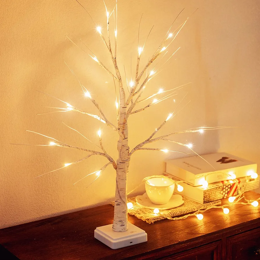 2FT Lighted Birch Tree with 24L Warm White LEDs,Mothers Day Decoration,Battery Powered Timer Money Tree,Artificial Mini Christmas Tree Gift Card Tree for Home Party Wedding