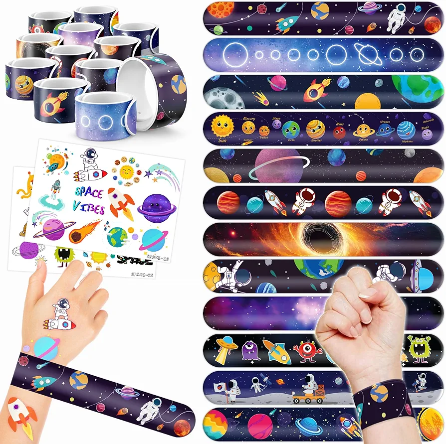 48PCS Space Party Favors 24PCS Tattoos 24PCS Slap Bracelets Wristbands Themed Birthdays Party Supplies Decorations Decor UFO Astronaut Stars Pattern Gifts School Classroom Prize Exchange for Kid Boy