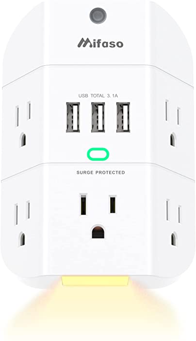 Outlet Extender with Night Light, 5-Outlet Surge Protector with 3 USB Charging Ports, 1800J Power Strip Multi Plug Outlets Wall Adapter Expander with Spaced Outlets for Home, School, Office