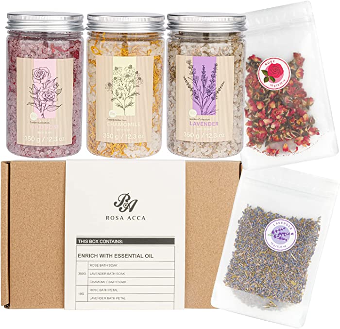 Bath Salts, Bath Soak Gift Set 5pcs with Lavender & Pink Rose Petals. Soaking Salts for Women Relaxing, Body and Foot Soak. Lavender, Chamomile, Wild Rose 3 Scents Bath Salt. Rich in Essential Oil.