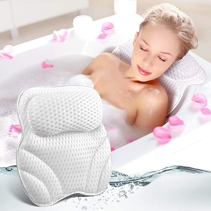 Bath Pillow Bathtub Spa Accessories - Bath Pillows for Tub Neck & Back Body Support Mat Cushion Bubble Bath Tub Shower Pillow Headrest Luxury with 4D Air Mesh & 6 Non-Slip Suction Cups