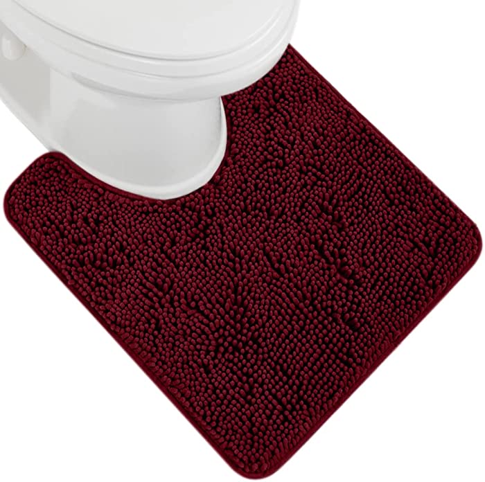 Gorilla Grip Shaggy Chenille Bath Rug Mat for Toilet Base, Machine Washable, Microfiber Dries Quickly, Plush Absorbent Contour Mats for Toilets, Bathroom Decor, Oval U-Shape, 22.5x19.5, Burgundy