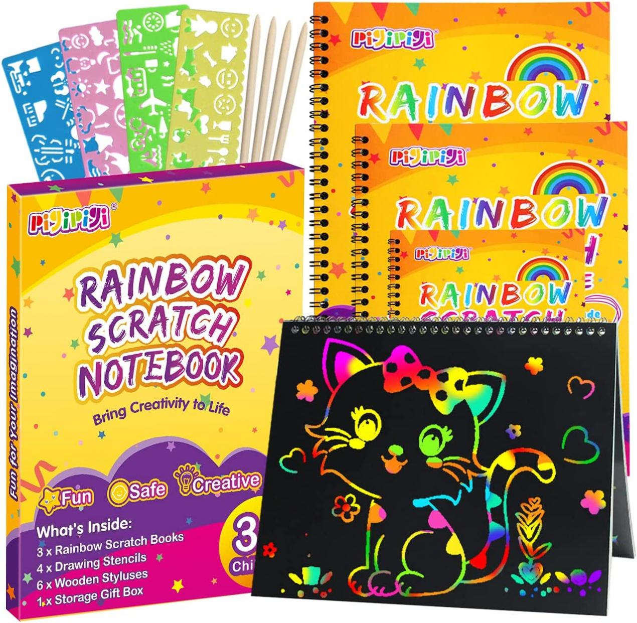 pigipigi Gifts for 3-12 Year Old Girls Boys - 3 Pack Rainbow Scratch Off Notebooks Arts Crafts Supplies Set Color Drawing Paper Kit for Kids Birthday Game Party Favor Christmas Easter Activity Toy