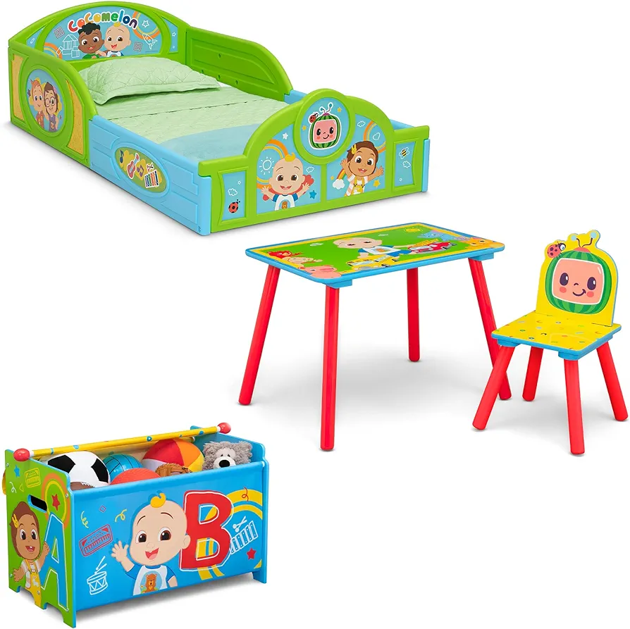 Delta Children 4-Piece Room Set – Includes Sleep and Play Toddler Bed, Table, 1 Chair and Toy Box, CoComelon