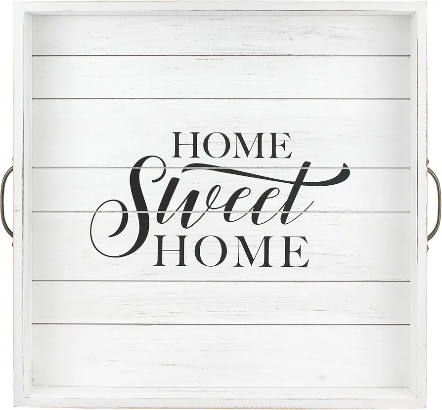 Stonebriar Square Worn White Home Sweet Home Decorative Wooden Tray with Metal Handles