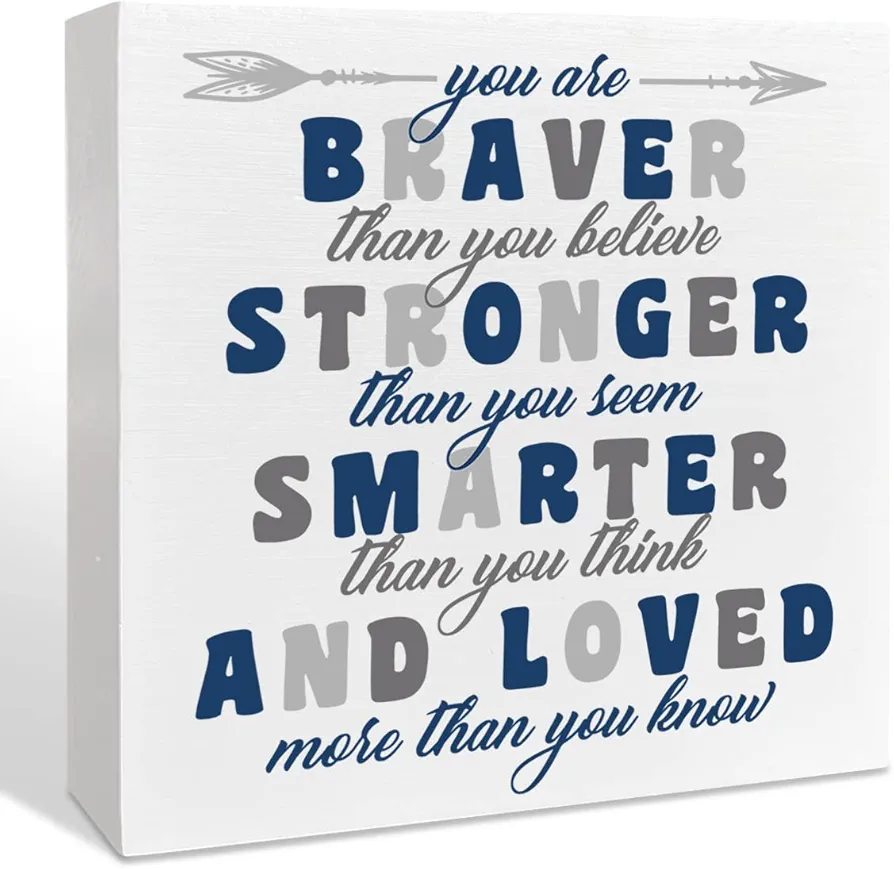 Nursery Boys Room Wooden Box Sign, You Are Braver Than You Believe, Inspirational Baby Bedroom Desk Decor, Motivational Kids Room Playroom Decoration, Nursery Baby Shower Gifts for Newborn Baby