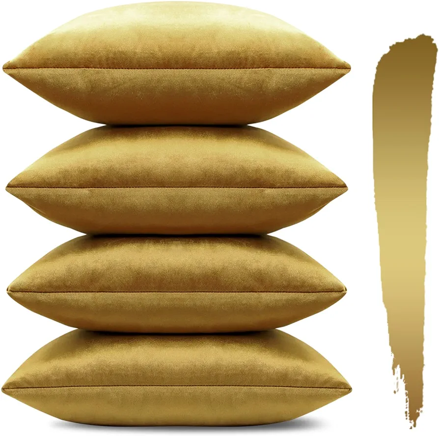 OTOSTAR Set of 4 Decorative Throw Pillow Covers Soft Velvet Solid Square Pillow Cases Luxury Cushion Covers Case for Sofa Car Patio Bedroom Living Room (18x18 Inch, Golden)