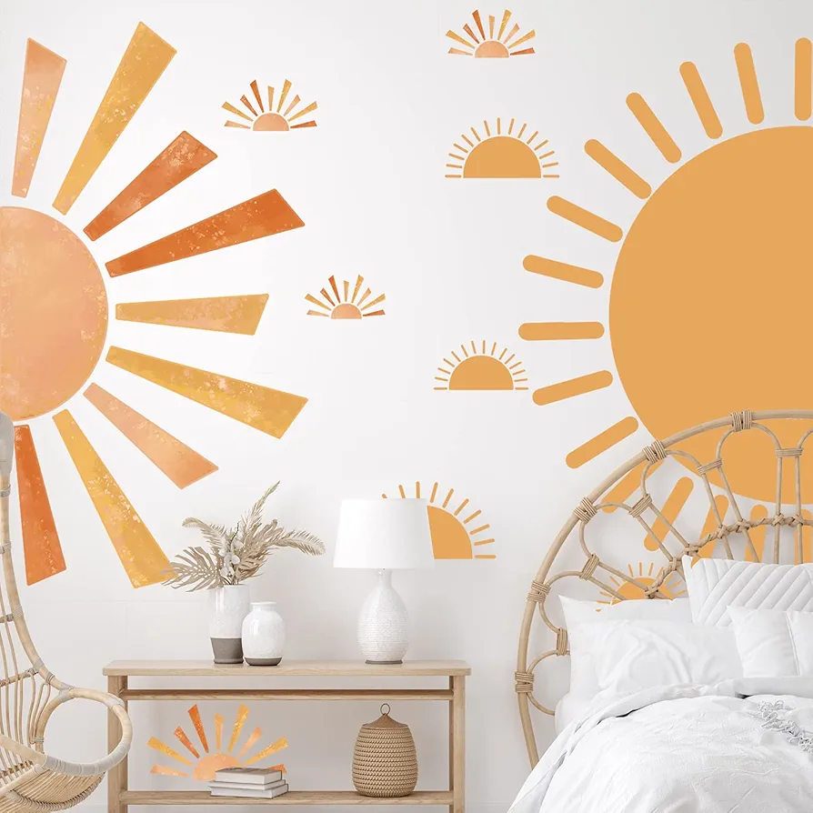 20 Pcs Half Sun Wall Decal Large Boho Wall Decals Sunshine Wall Stickers Vinyl Nursery Removable Peel and Stick Wall Decals for Nursery Kids Room Playroom Decor (Bright Style)