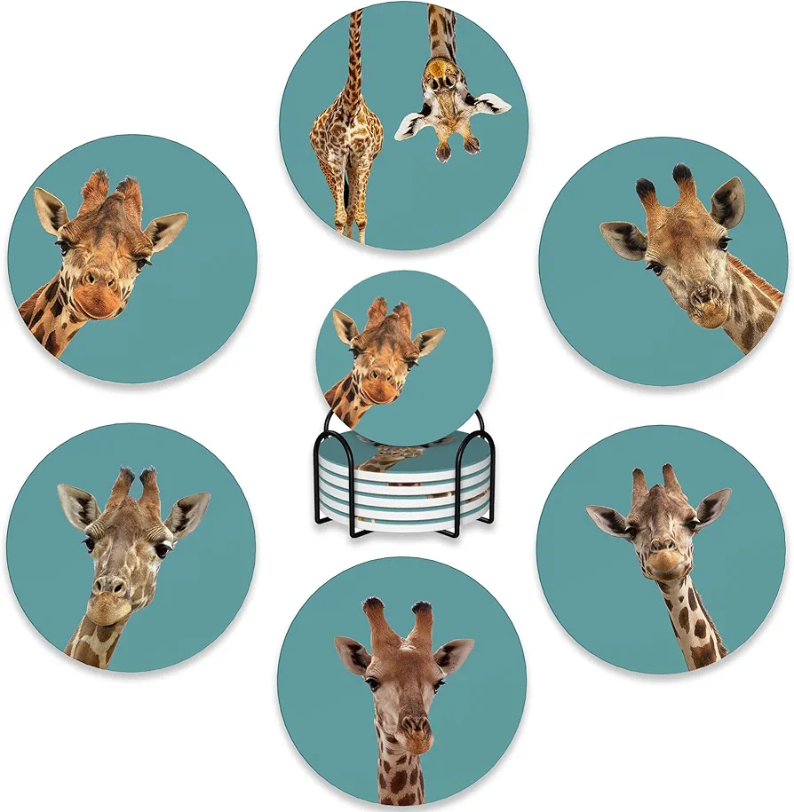 6 Pcs Coasters for Drinks with Holder,Funny Giraffe Absorbent Coaster with Cork Backing,Great Gift for Housewarming,Room Decor,Bar,Holiday Party