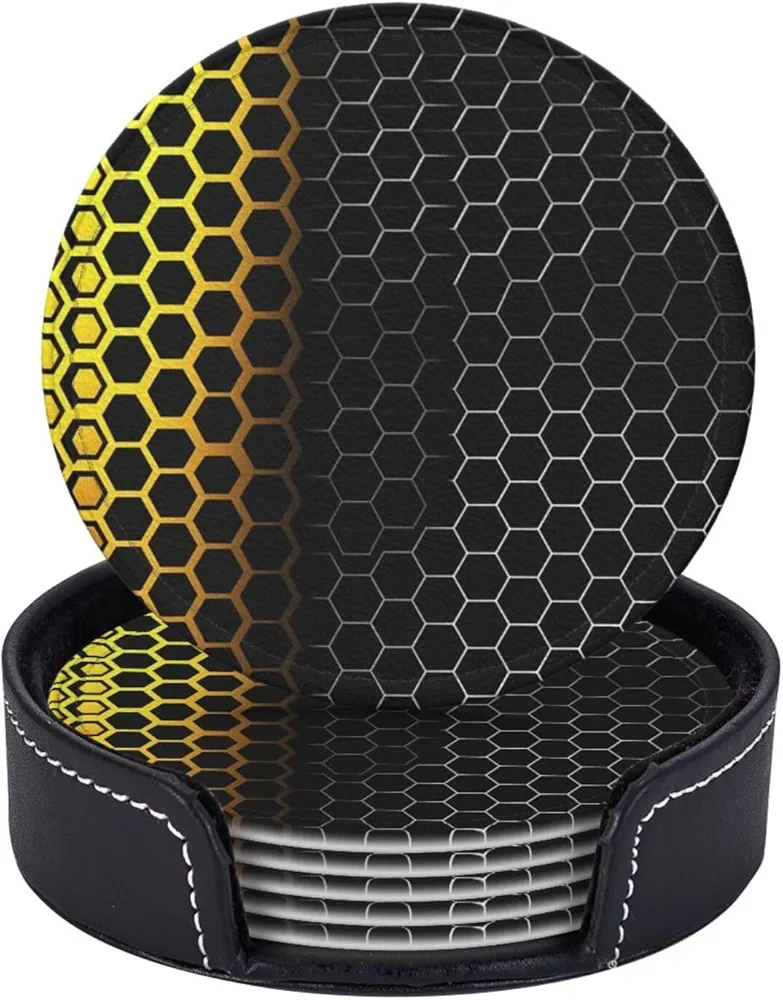 Drink Coasters with Holder Black Stripes and Honeycomb Leather Coasters Round Coaster for Drinks Tabletop Protection Cup Mat Decorate Cup pad for Coffee Table Kitchen Dining Room Bar Decor