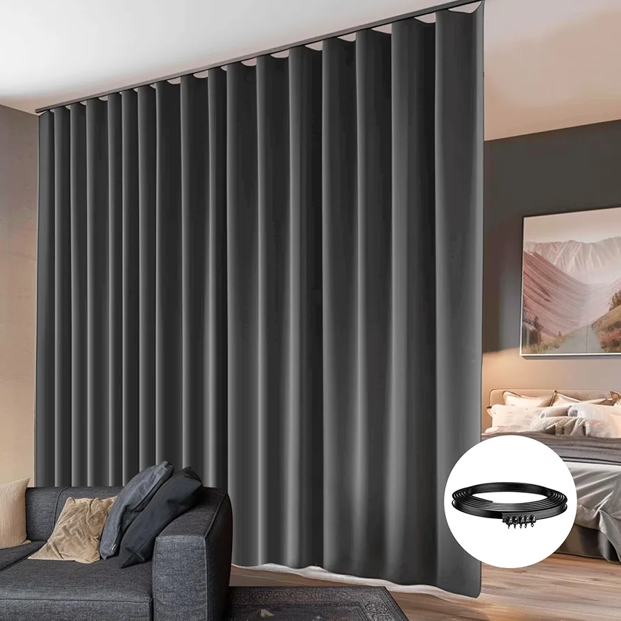 Room Divider Curtain with Flexible Ceiling Track, Total Privacy Ceiling Track Curtains Blackout Sound Proof Floor to Curtains for Living Room Bedroom Patio Sliding Door(Grey, W100 x H84)