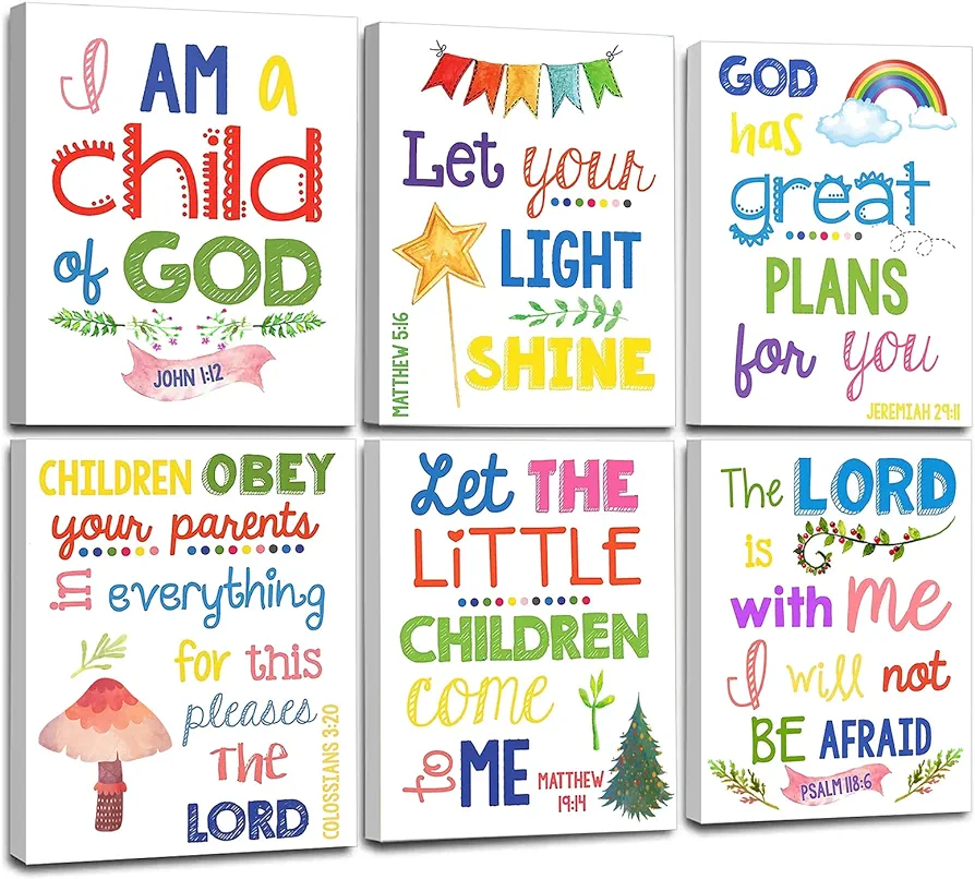 Sunday School Decorations for Classroom, Framed Bible Verse Wall Decor for Kids Room, Christian Religious Wall Art Canvas for Nursery Playroom Bedroom (Set of 6, 8X10in, Framed)