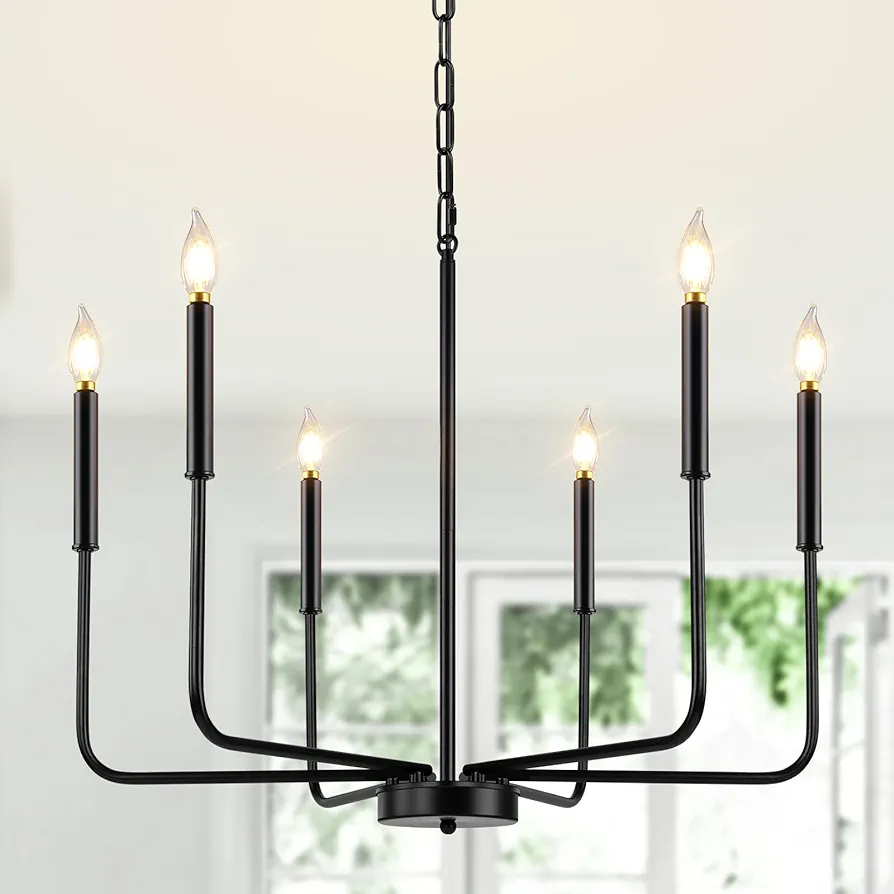 Black Chandelier, 6-Light Modern Farmhouse Chandelier for Dining Room Light Fixtures, Rustic Industrial Candle Hanging Pandent Lighting for Bedroom, Living Room, Kitchen, Entryway, Foyer