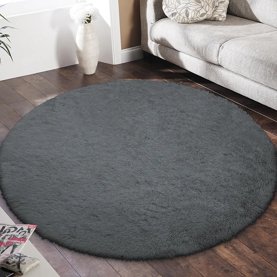 Easy-Going 4X4 Feet Round Area Rugs for Living Room, Non-Slip Floor Shaggy Rugs for Bedroom, Fluffy Shag Fuzzy Plush Soft Carpets, Indoor Carpet for Kids Boys Girls Dorm Nursery Room, Grey