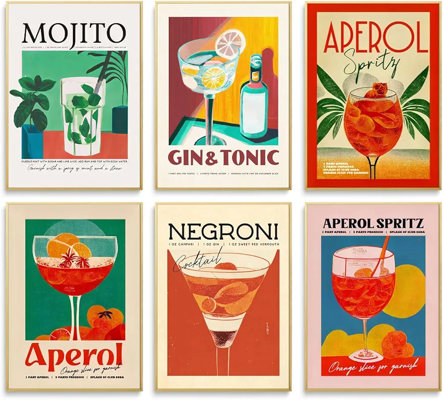 Fetyiu Retro Cocktail Poster Vintage Bar Wall Art Prints Decor Set of 6 Funky Bar Cart Aesthetic Picture Colorful Preppy Canvas Painting for Dining Room Kitchen 8x10in Unframed