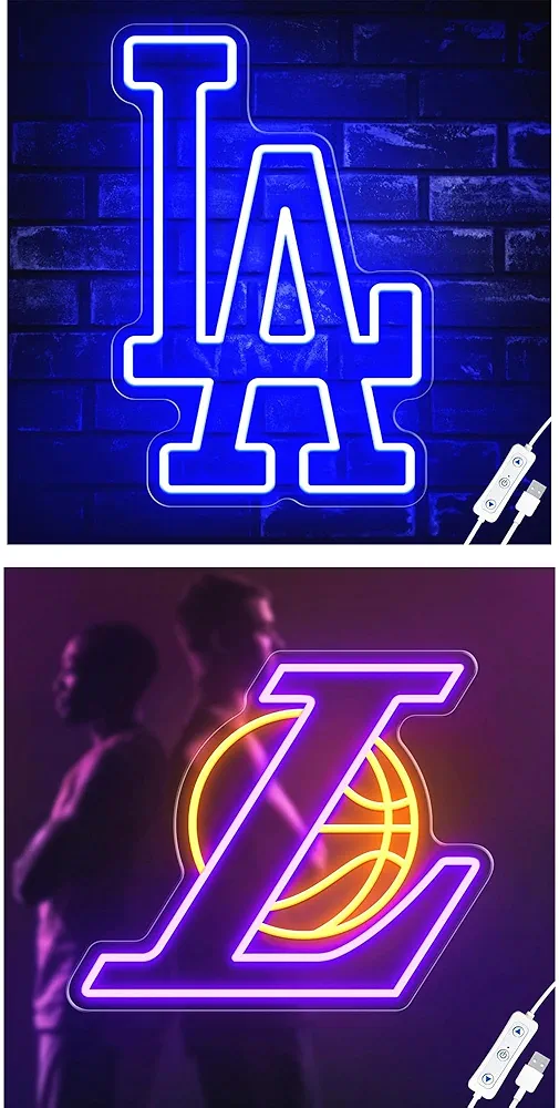 Los Angeles Dodgers Neon Sign + Basketball Neon Sign, Dimmable LED Neon Signs for Wall Decor, Powered by USB Neon Sign, Sports Neon Signs for Room Bedroom