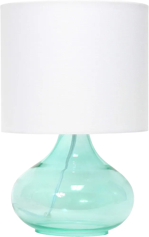 Simple Designs LT2063-AOW Small Glass Raindrop Bedside Table Lamp with White Fabric Shade, Aqua