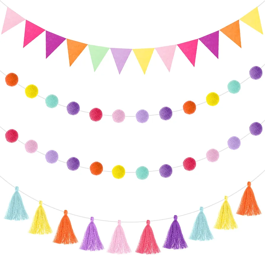 9.8 Feet Pom Pom Garland Rainbow Felt Fabric Garland Set Colorful Tassel for Classroom 3.6 Feet Felt Pennant Banner for Classroom school Christmas Home Birthday Party (Candy Color)