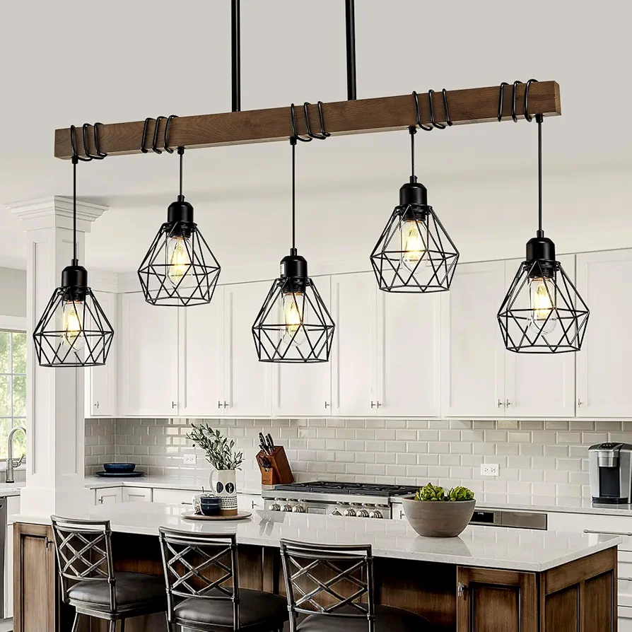 5-Light Kitchen Island Lighting Hanging for Farmhouse Linear Chandeliers,Dining Room Light Fixture/Chandelier Over Table,Matte Black Rustic Wood Ceiling Pendant Light Fixtures with metal lampshade