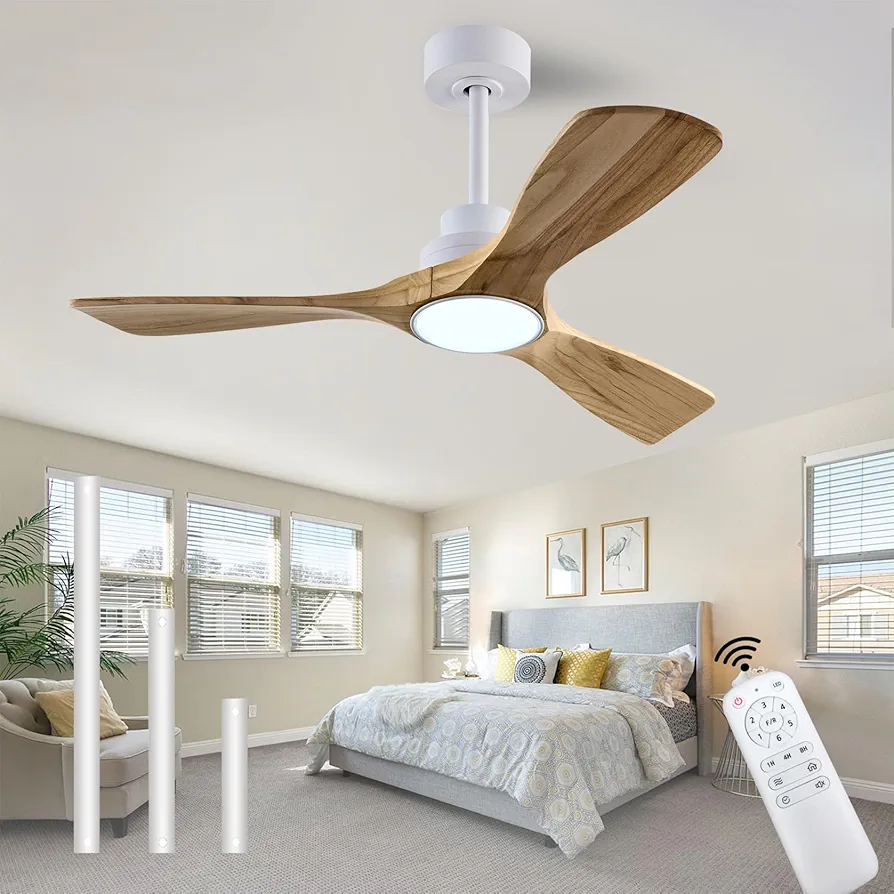 42" Wood Ceiling Fan with Lights Remote Control,Quiet DC Motor 3 Blade Ceiling Fans for Patio Living Room, Bedroom, Office,Indoor Outdoor(Raw wood+White)