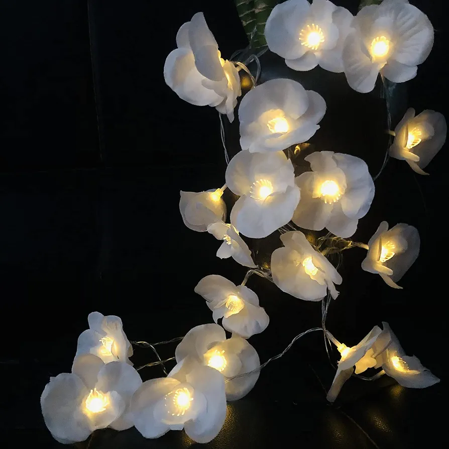 9.8FT 20 LED Artificial Phalaenopsis Lights Orchid Fairy String Light with 8 Modes Remote and Battery Box for Valentine's Day, Wedding, Room, Garden, Christmas, Patio, Festival Party Decor (White)