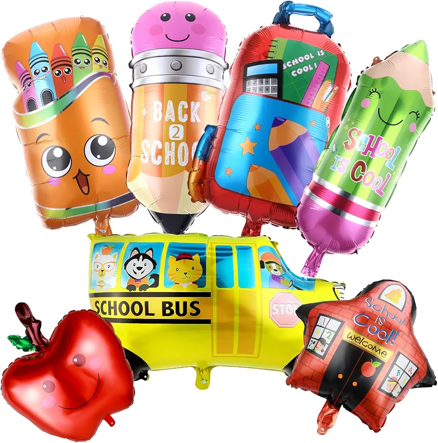 6 Pack Back to School Balloons School Themed Foil Balloons - School Bus, Backpack, Pencil, Fruit, and Crayon Mylar Balloons for First Day of School Celebrations Classroom Decorations