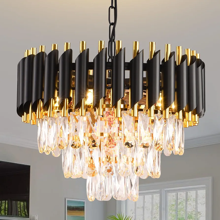 Modern Crystal Chandelier Black and Gold Chandelier 3-Tier Round Chandeliers Pendant Ceiling Light Fixture Flush Mount Chandelier for Dining Room Living Room Bedroom Foyer Hallway Entryway W16"