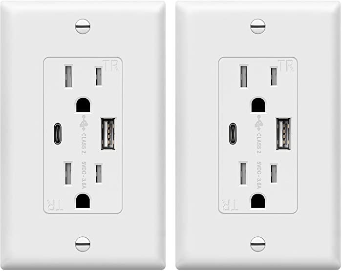 TOPGREENER 3.6A 2-Port USB Outlet, USB Type-C/A Wall Charger Outlet, 15 Amp TR Receptacle Plug, Charging Power Outlet with USB Ports, Electrical USB Socket, UL Listed, TU21536AC-W-2PCS, White, 2 Pack