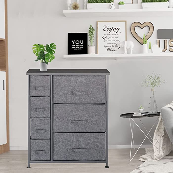 Praslina 7 Drawers Wide Dresser Organizer, Furniture Fabric Storage Tower Unit for Bedroom, Hallway, Entryway, Closet, Nurseries – Sturdy Steel Frame, Wood Top, Easy Pull Fabric Bins (Dark Gray)