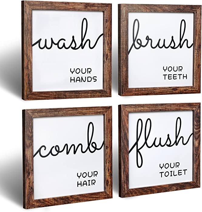 Q.Hou Bathroom Wall Decor Set of 4, Rustic Wood Farmhouse Bathroom Decor Wall art, Bathroom Signs Decor(QH-BD8X8-BR2)