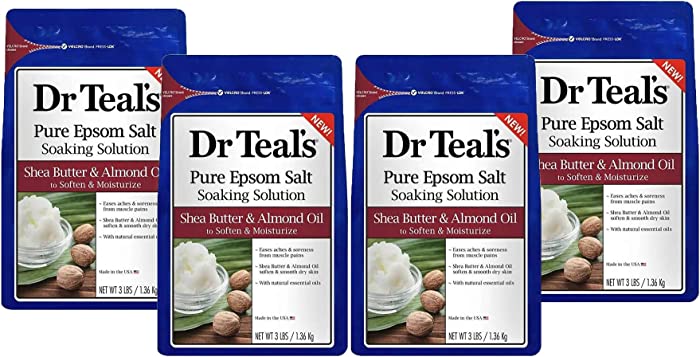 Dr. Teal's Epsom Salt Shea Butter Almond Oil Bath Soaking Solution with Essential Oils - Pack of 4, 3 lb Resealable Bags - Soften and Moisturize Your Skin, Relieve Stress and Sore Muscles