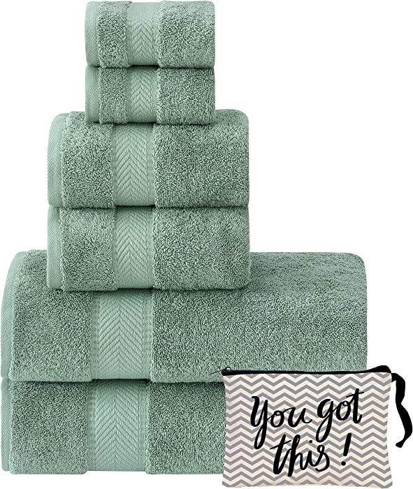 Textilom 100% Turkish Cotton 6 Piece Luxury Towel Set for Bathroom & Kitchen, Thick & Super Soft & Highly Absorbent & Quick Dry ( 2 Bath Towels, 2 Hand Towels, 2 Washcloths )- Green