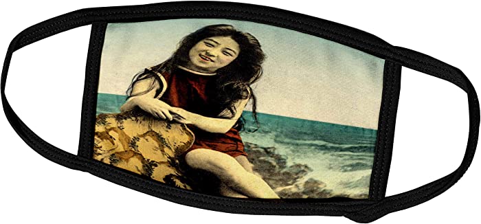 3dRose Scenes from The Past Magic Lantern Slides - Vintage Japan Bathing Beauty at Beach Hand Tinted Magic Lantern Slide - Face Masks (fm_246638_2)