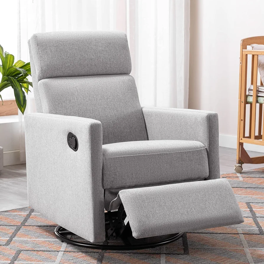 Merax Modern Upholstered Manual Recliner Chair w/Headsupport Adjustable Nursery Glider Rocker for Living Room, Bedroom, Set of 1, Gray-Swivel