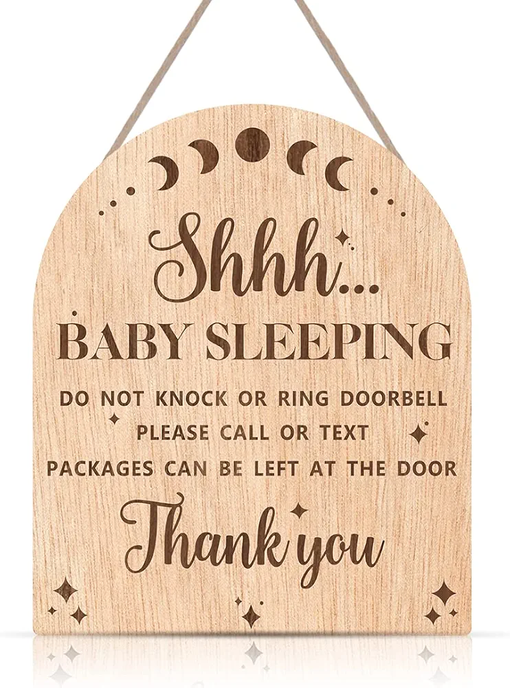 Baby Sleeping Wooden Hanging Sign for Front Door (9.8x12inch), Do Not Knock or Ring Door Knob Hanger Sign, Door Hanger for Outdoor Outside Porch Kids Room Decor