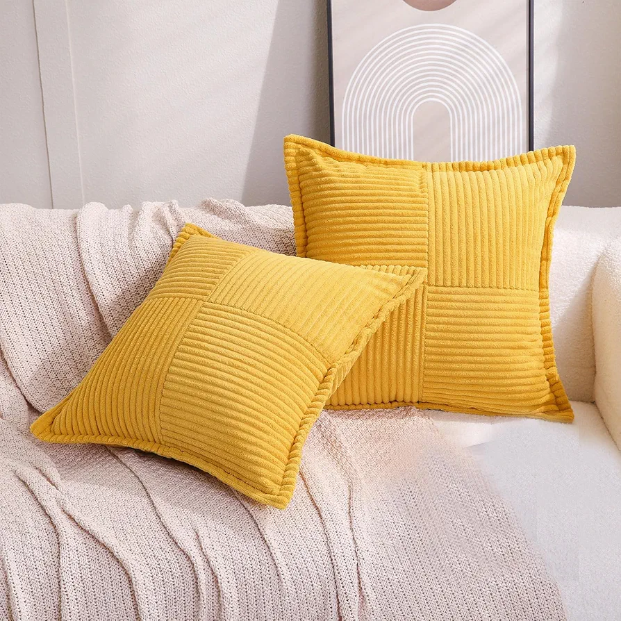 Corduroy Throw Pillow Covers Set of 2 Boho Decorative Yellow 18×18 Inch,Super Soft Pillowcase Cozy Striped Texture Cushion Cover for Couch,Sofa,Farmhouse,Living Room