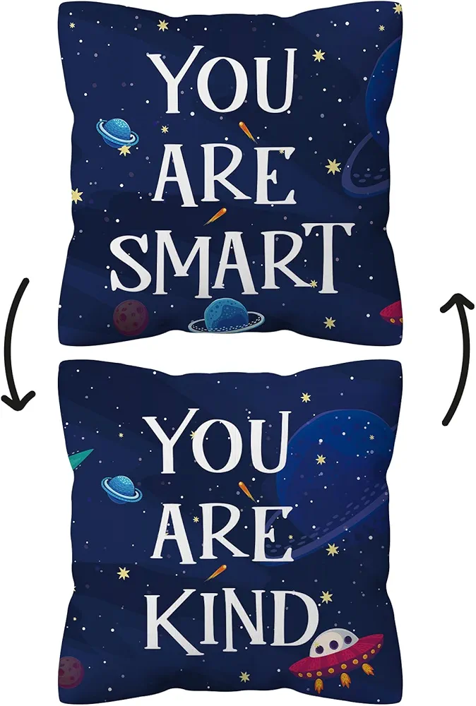 Space Themed Bedroom Decor Inspirational Pillow Covers 18x18, Be Kind Kids Boys Room Space Reversible Throw Pillow Covers for Baby Kids Boys Nursery Classroom Room Decor