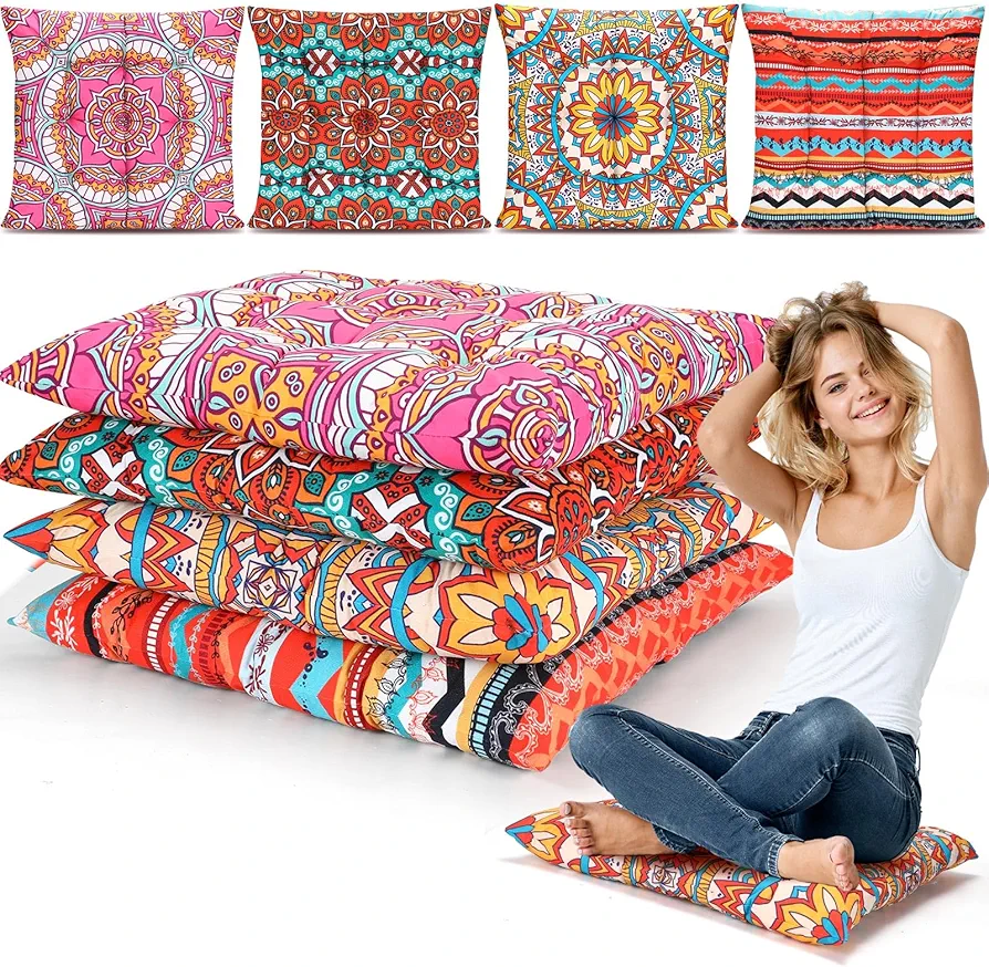 Bohemian Floor Pillows 22 Inch Square Boho Floor Cushions 4 Pcs Large Seating Pillows for Floor Soft Yoga Meditation Pillow Mandala Pouf for Living Room Tatami Reading Nook(Exquisite)