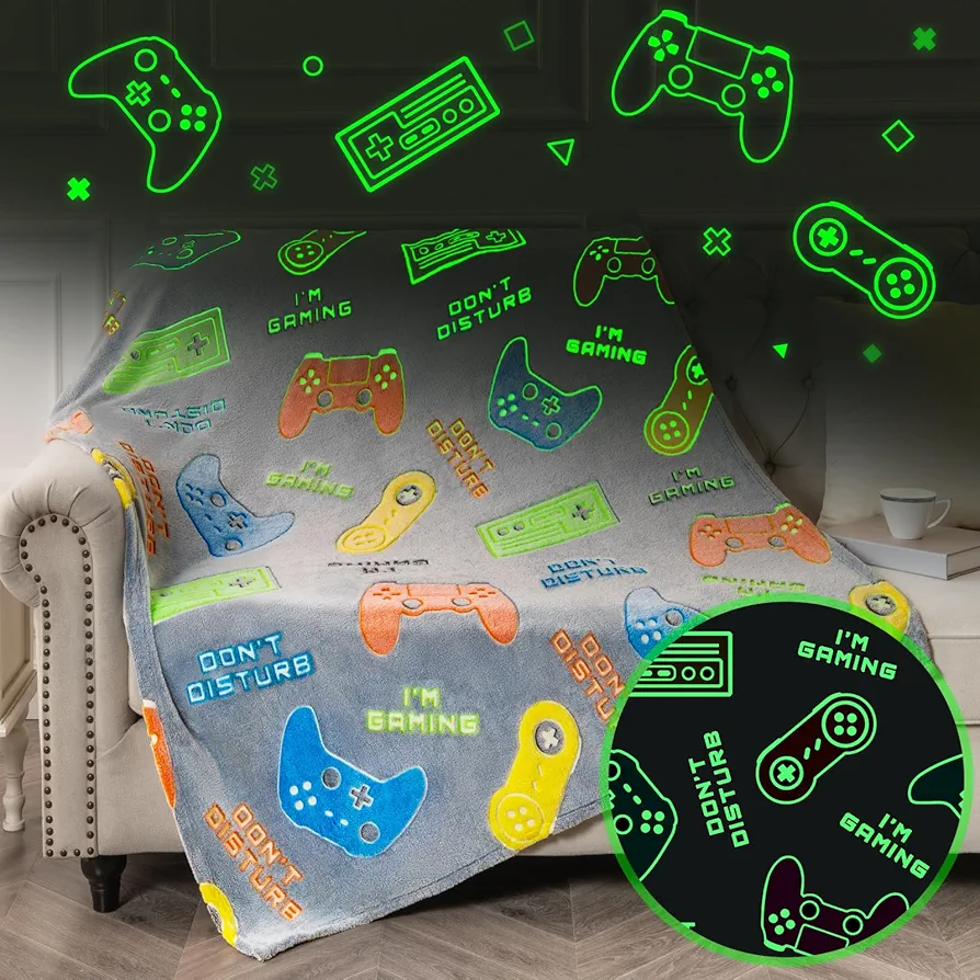 Glow in The Dark Gamer Gaming Blanket Gifts Toys for Kids Boys 1-14 Years Old Toddler Teens Adults Boyfriends Game Controller Throw Birthday Christmas Halloween Presents Game Room Decor Grey 50"x 60"