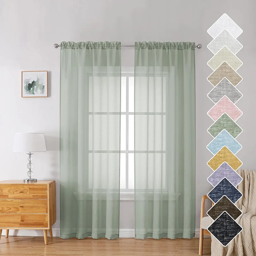 Doris Sage Green Sheer Curtains 84 Inch Length 2 Panels Set, Room Decor Aesthetic Gauzy Faux Linen Curtain for Living Room, Outdoor/Bedroom Dual Rod Pockets Window Drapes Texture, 40W x 84L