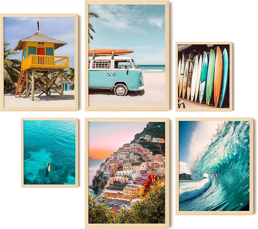 EXCOOL CLUB Large Beach Wall Art - 12x16 Beach Posters for Room Aesthetic, Beach Bedroom Decor for Teen Girls, Vintage Surfboard Print, Ocean Surf Poster, Beachy Pictures Summer Room Decor (UNFRAMED)